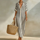 Striped linen blend long shirt dress in gray