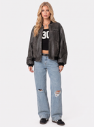 Bomber Jacket Womens Washed Faux Leather Utility Sleeve Pocket