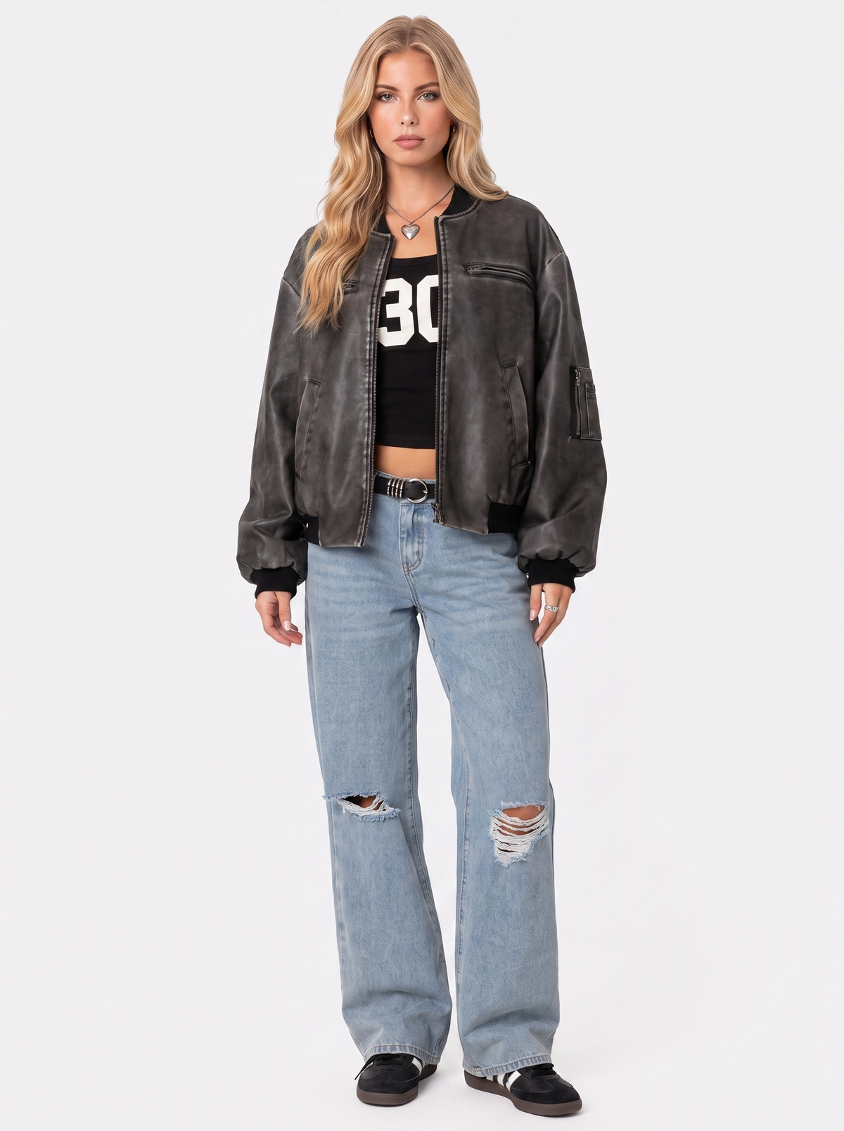 Bomber Jacket Womens Washed Faux Leather Utility Sleeve Pocket