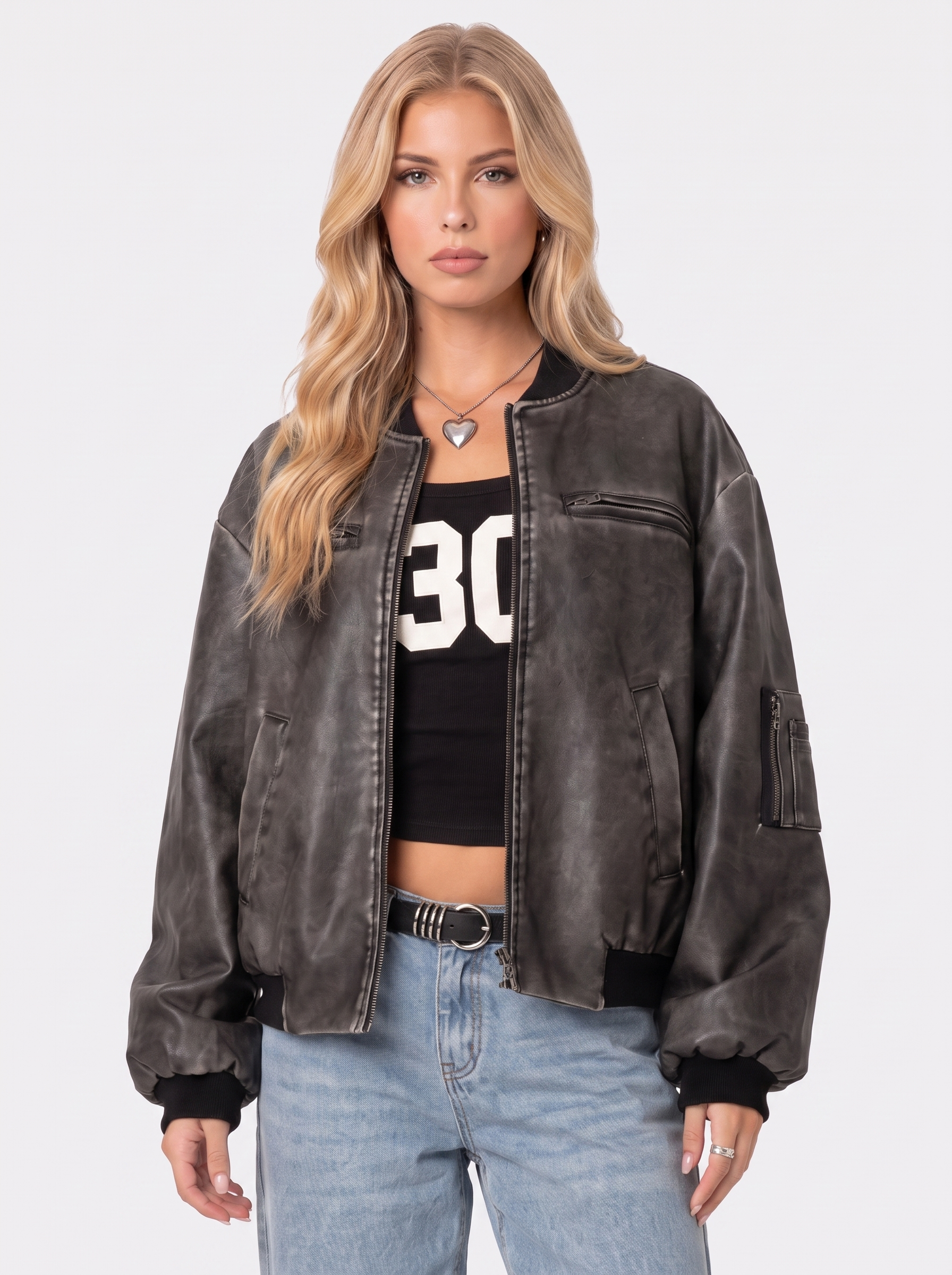 Bomber Jacket Womens Washed Faux Leather Utility Sleeve Pocket