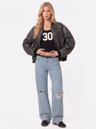 Bomber Jacket Womens Washed Faux Leather Utility Sleeve Pocket