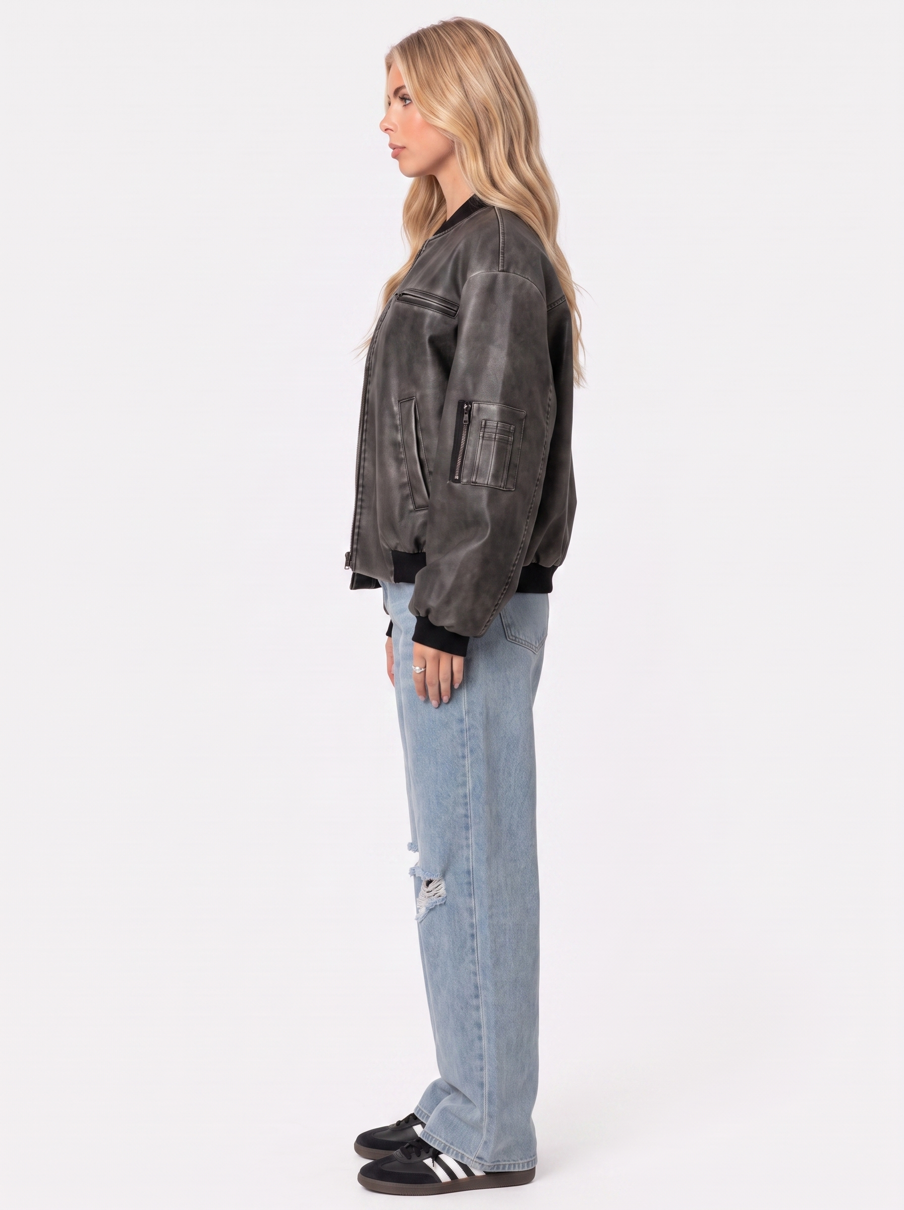 Bomber Jacket Womens Washed Faux Leather Utility Sleeve Pocket