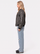 Bomber Jacket Womens Washed Faux Leather Utility Sleeve Pocket