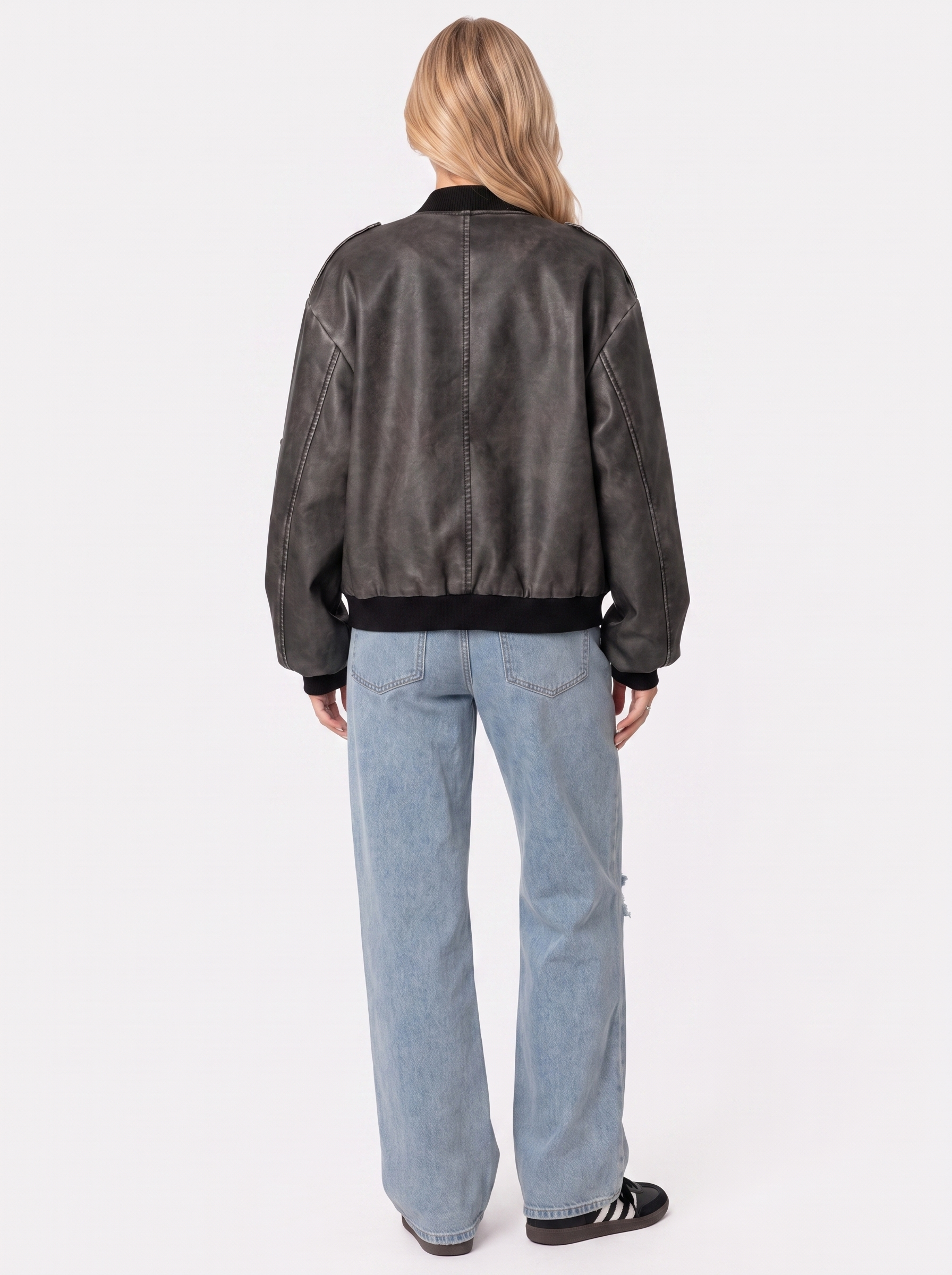 Bomber Jacket Womens Washed Faux Leather Utility Sleeve Pocket
