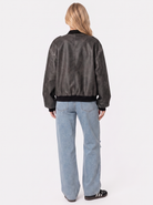 Bomber Jacket Womens Washed Faux Leather Utility Sleeve Pocket