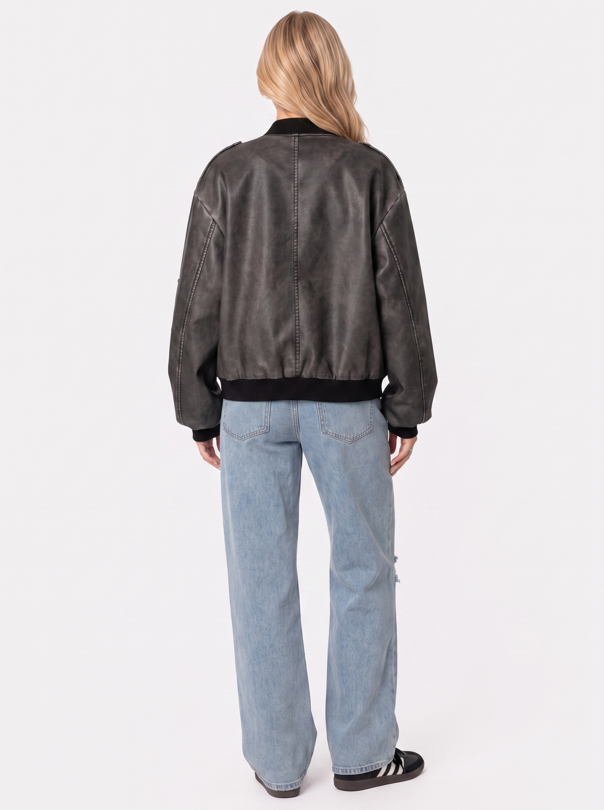 Bomber Jacket Womens Washed Faux Leather Utility Sleeve Pocket