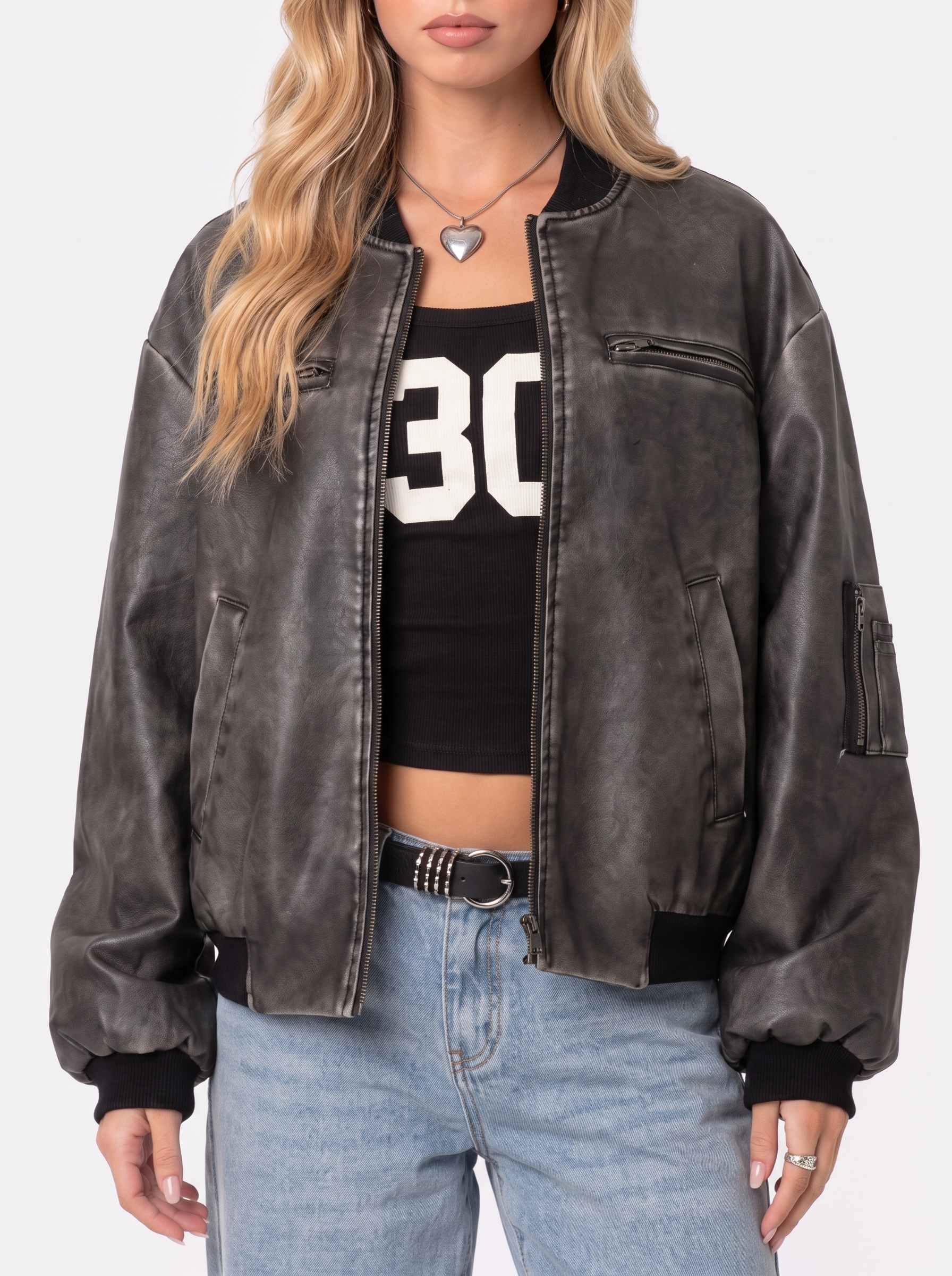 Bomber Jacket Womens Washed Faux Leather Utility Sleeve Pocket
