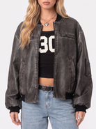 Bomber Jacket Womens Washed Faux Leather Utility Sleeve Pocket