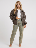Bomber Jacket Womens Distressed Faux Leather Contrast Topstitch