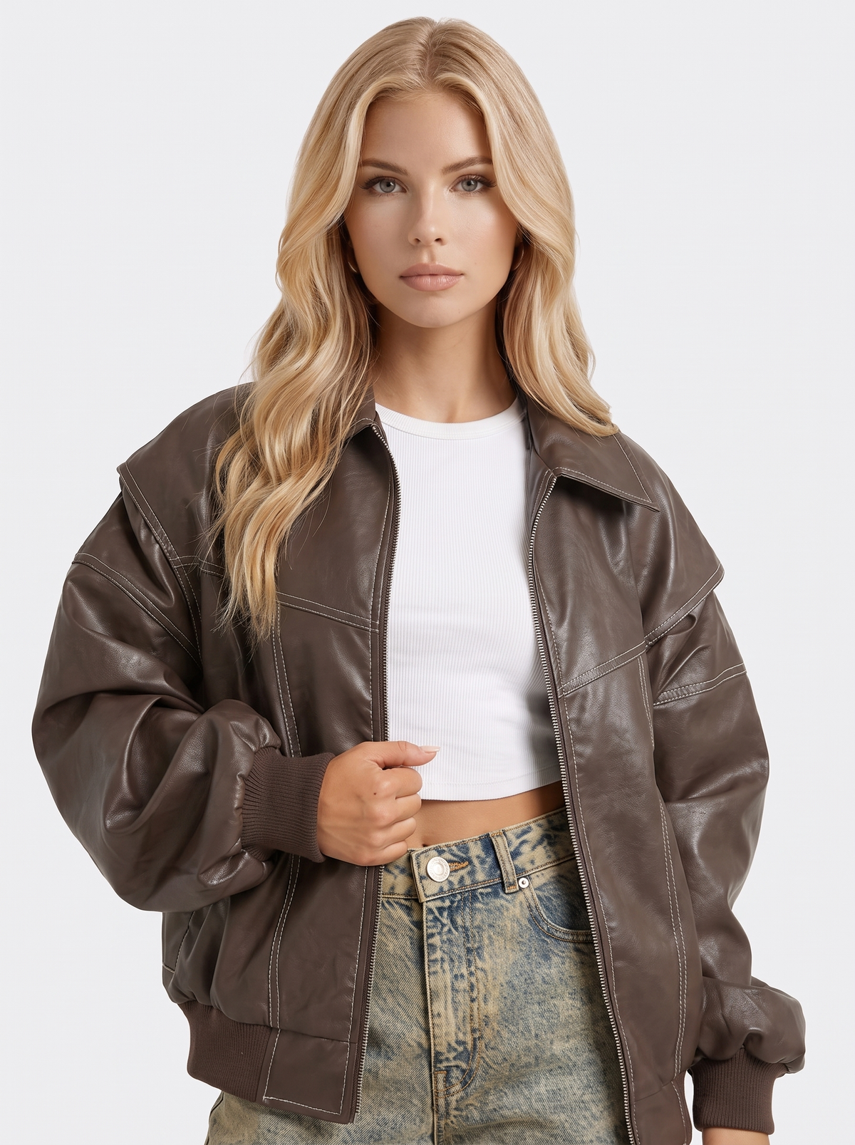Bomber Jacket Womens Distressed Faux Leather Contrast Topstitch