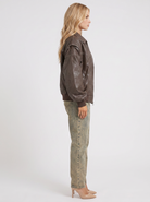 Bomber Jacket Womens Distressed Faux Leather Contrast Topstitch