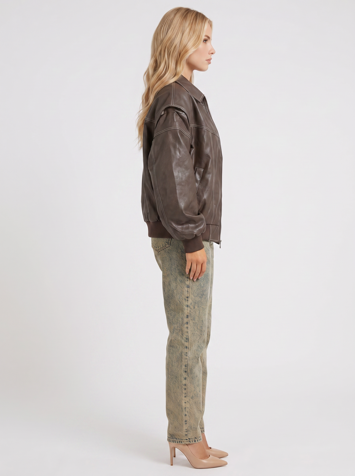 Bomber Jacket Womens Distressed Faux Leather Contrast Topstitch