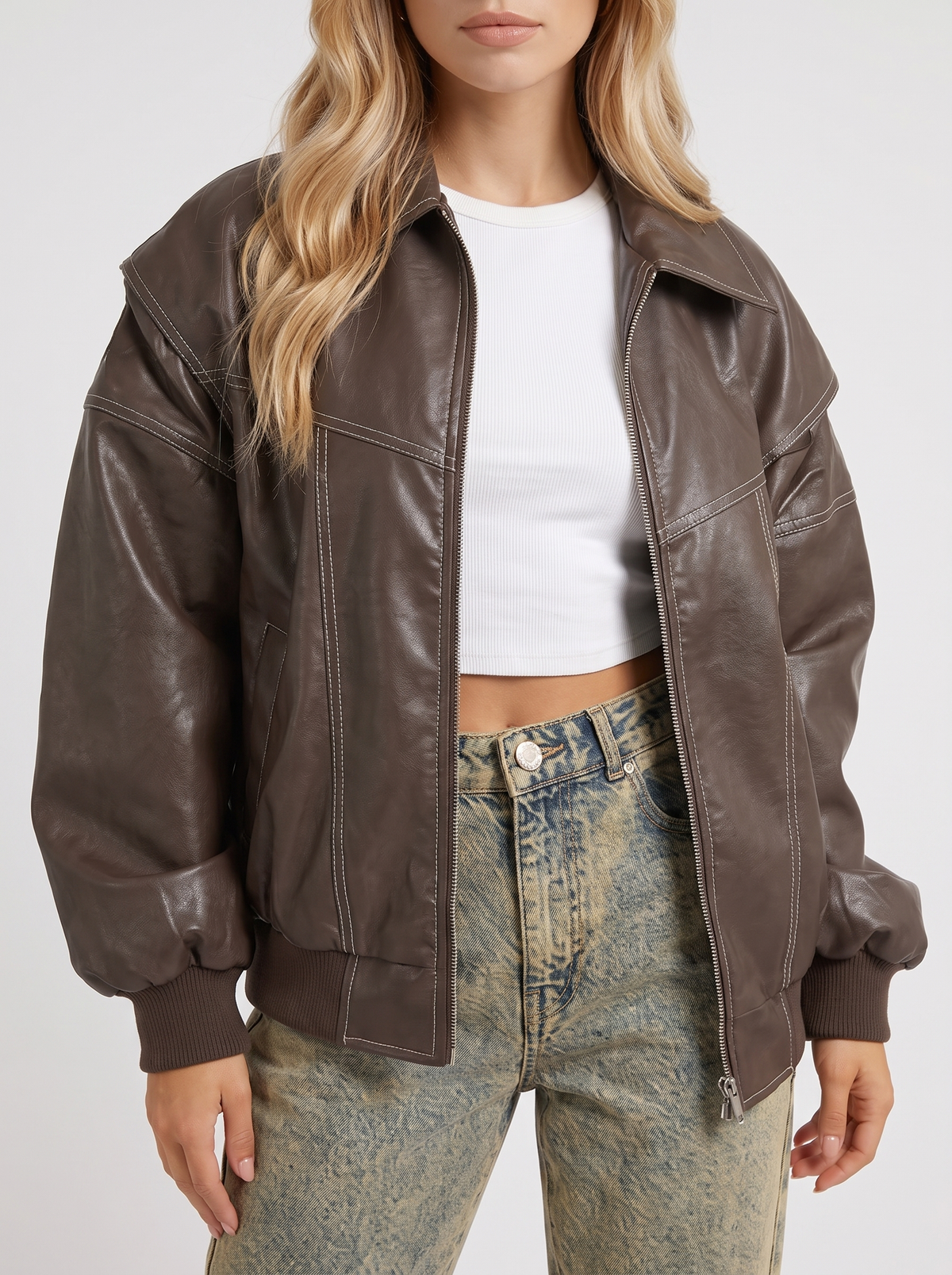 Bomber Jacket Womens Distressed Faux Leather Contrast Topstitch