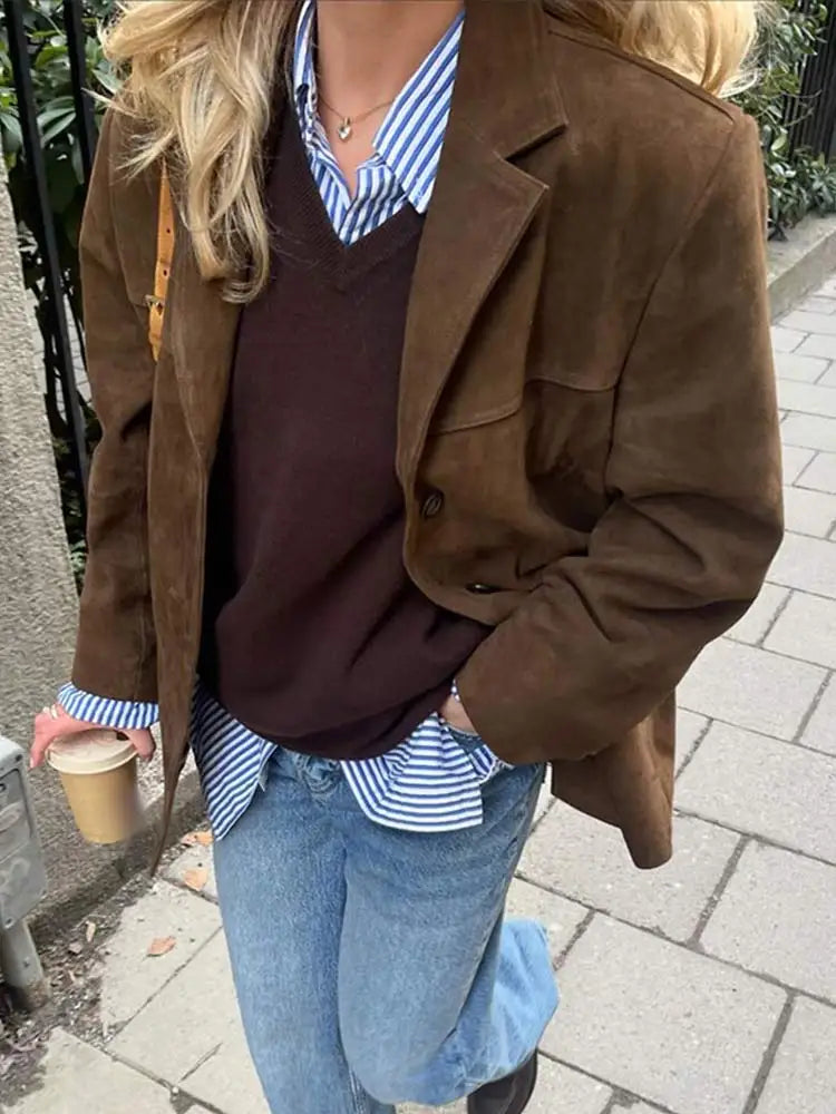 Fall Faux Suede Single Breasted Blazer Jacket for Women