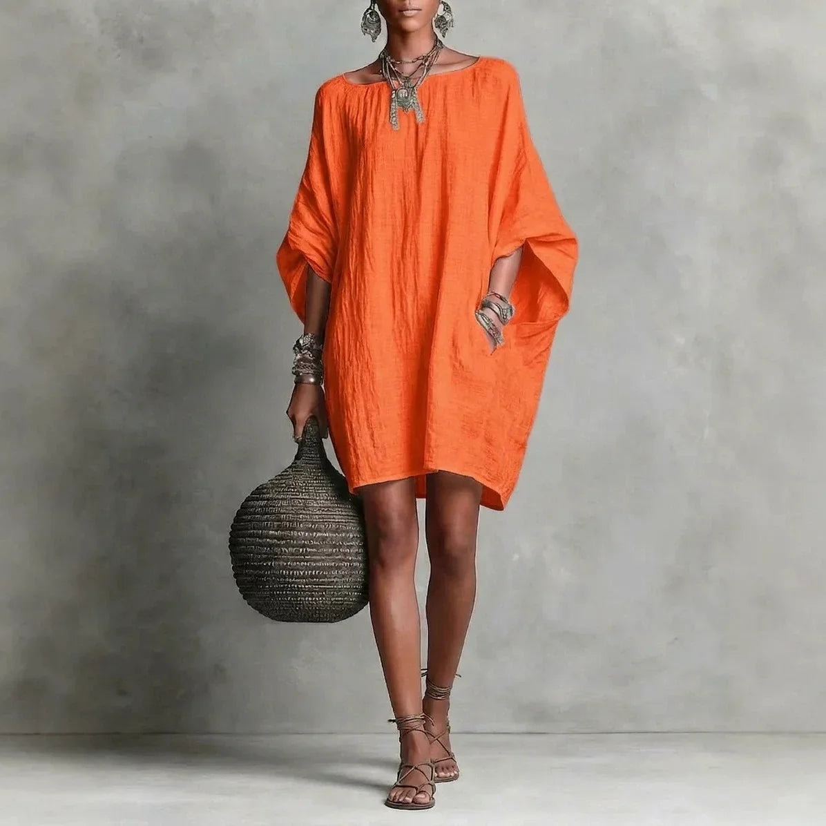 Off shoulder wide sleeve A-line tunic dress in orange