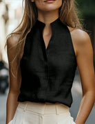 Mock neck sleeveless linen blend blouse in black