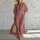 One shoulder striped puff sleeve maxi dress in red