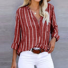 Relaxed striped cotton V-neck shirt in red