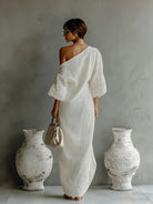 One shoulder textured linen maxi dress, view 3
