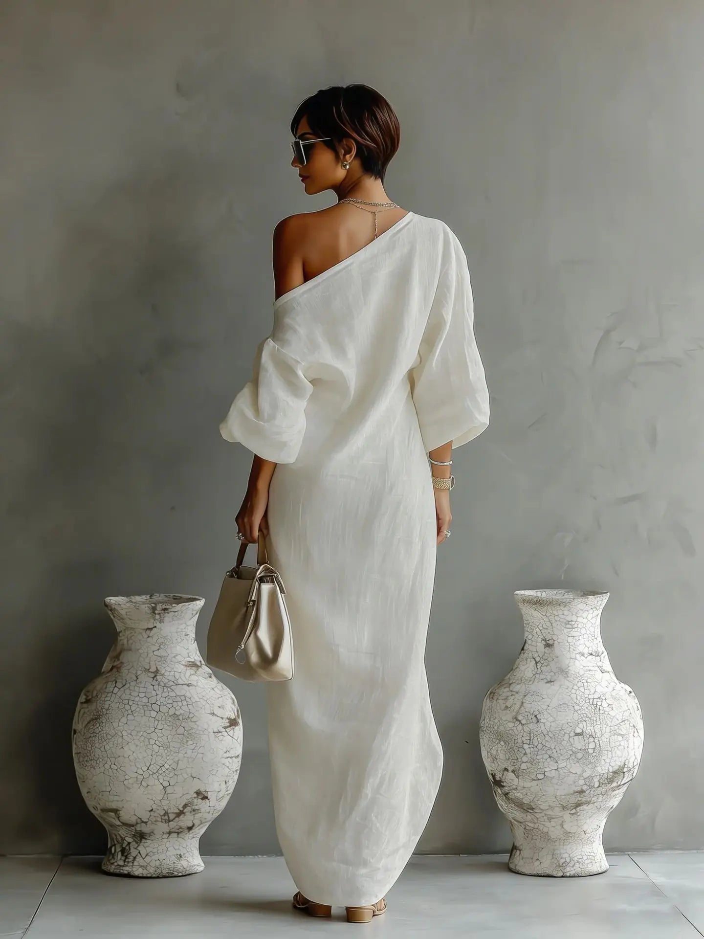One shoulder textured linen maxi dress, view 3
