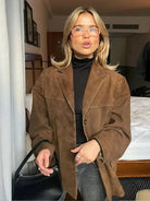 Fall Faux Suede Single Breasted Blazer Jacket for Women in Brown