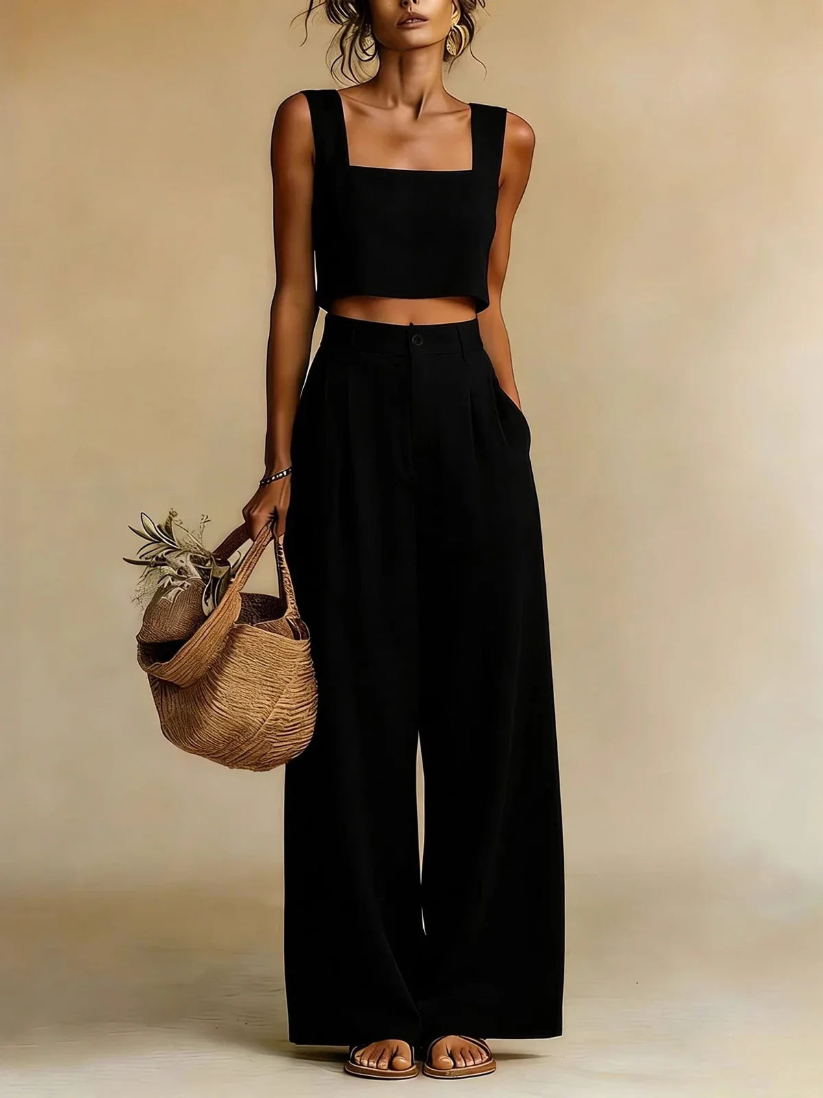 Square neck crop top and palazzo pants set in black