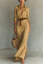 Deep V-neck belted wrap maxi dress in camel