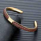 Braided leather and stainless steel cuff bracelet in gold / brown