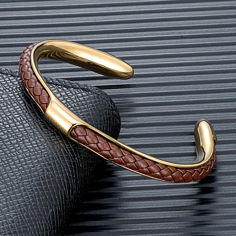Braided leather and stainless steel cuff bracelet in gold / brown