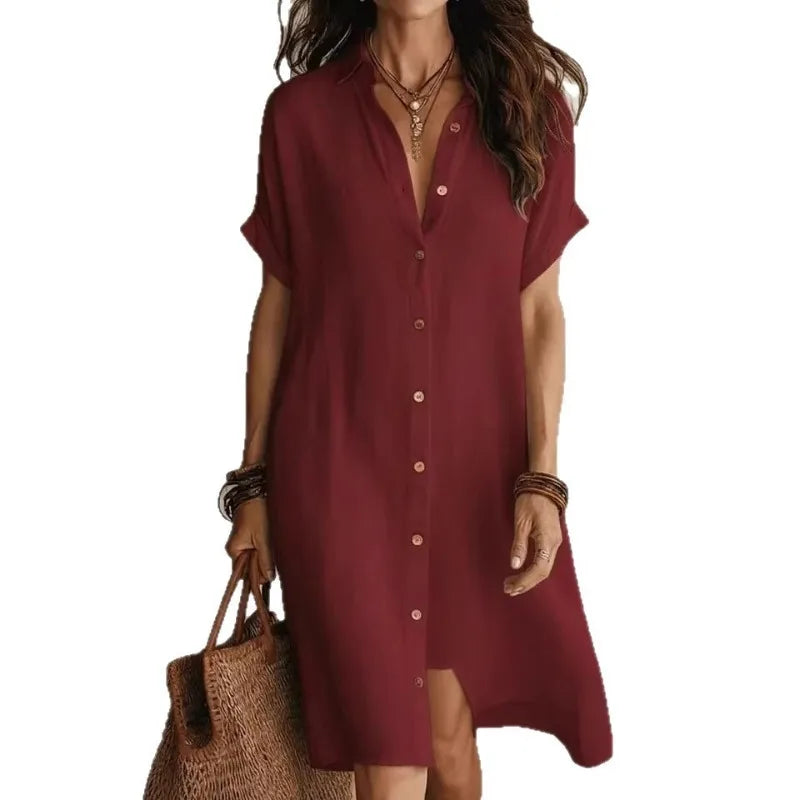 Short sleeve button down cotton shirt dress in burgundy