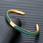 Braided leather and stainless steel cuff bracelet in gold / green
