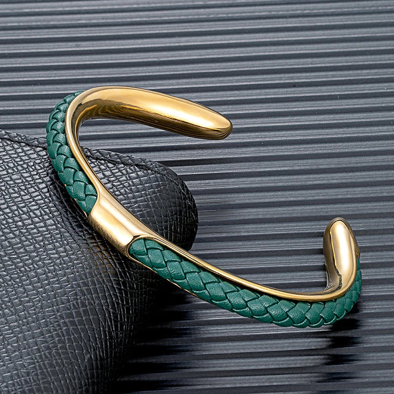Braided leather and stainless steel cuff bracelet in gold / green
