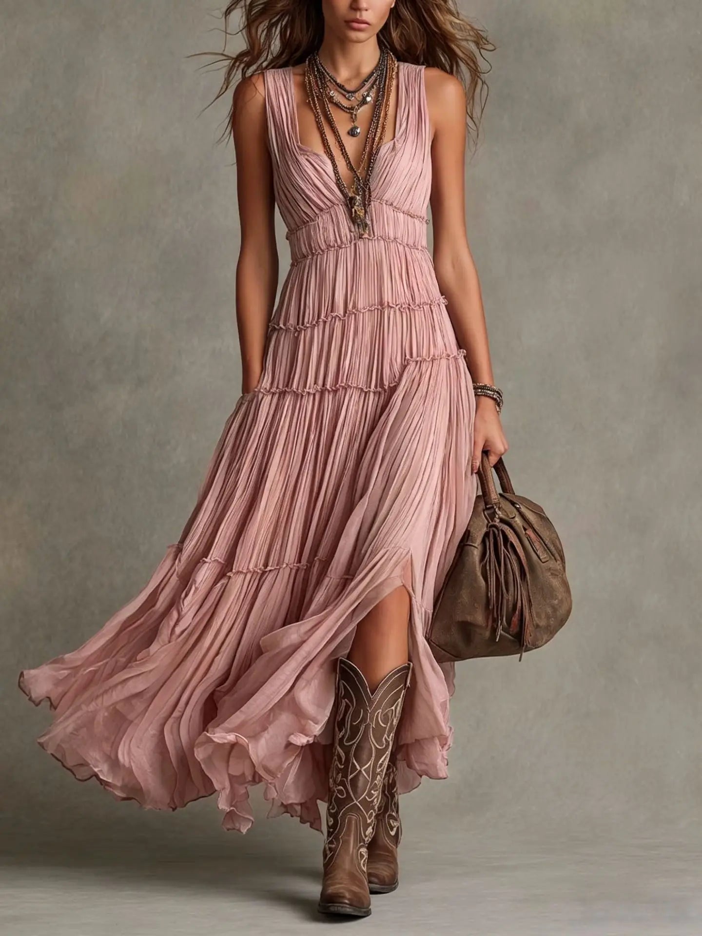 Tiered boho sleeveless V-neck maxi dress in pink