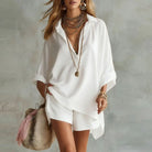 Collared shirt and high waist shorts set in white