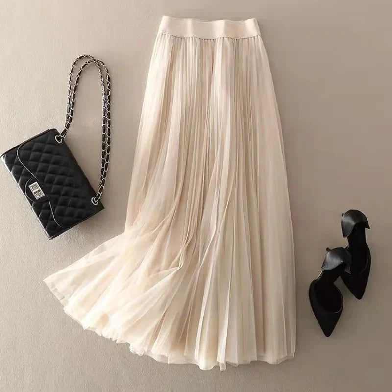 High waist pleated mesh layered midi skirt in beige