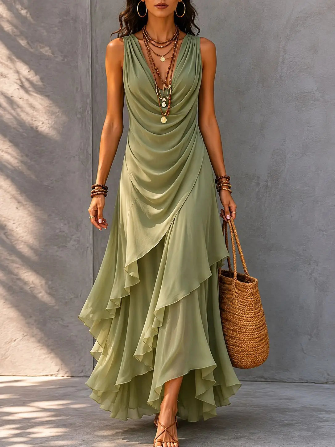 Tiered ruffle ruched waist boho maxi dress in light green