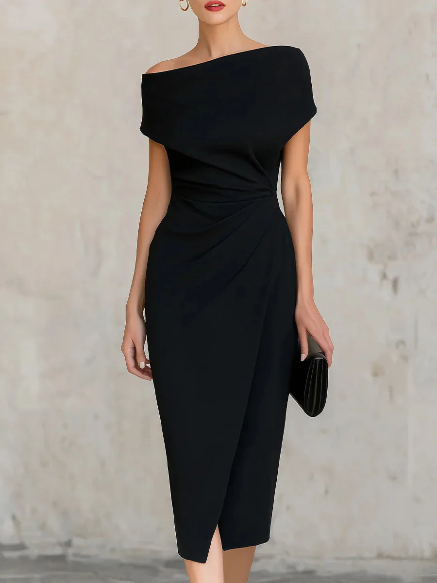 One shoulder pleated waist slit midi dress in black