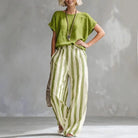 Striped cotton linen top and wide leg pants set in green