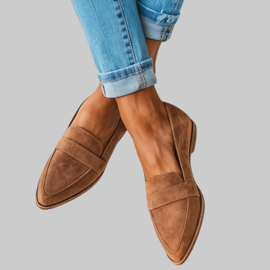 Fall Pointed Toe Slip On Flat Loafers for Women in Brown