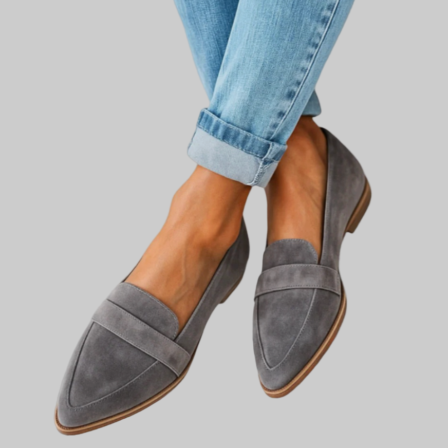 Fall Pointed Toe Slip On Flat Loafers for Women in Gray