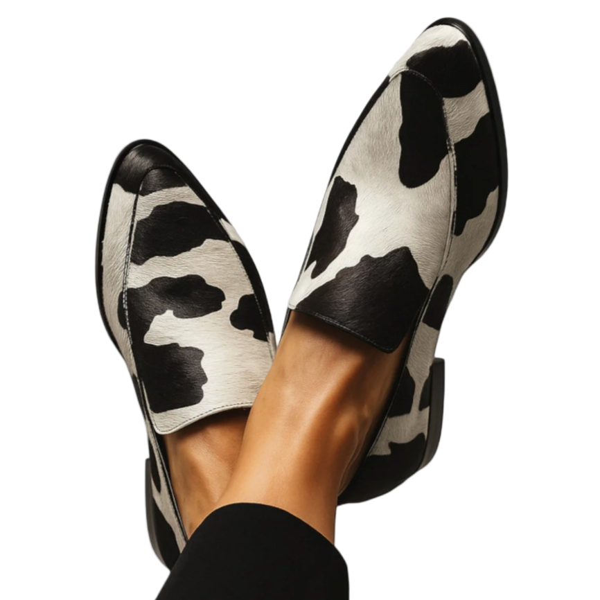 Fall Pointed Toe Slip On Flat Loafers for Women in Cow Print