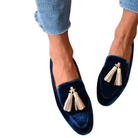 Fall Pointed Toe Slip On Flat Loafers for Women in Navy Tassel