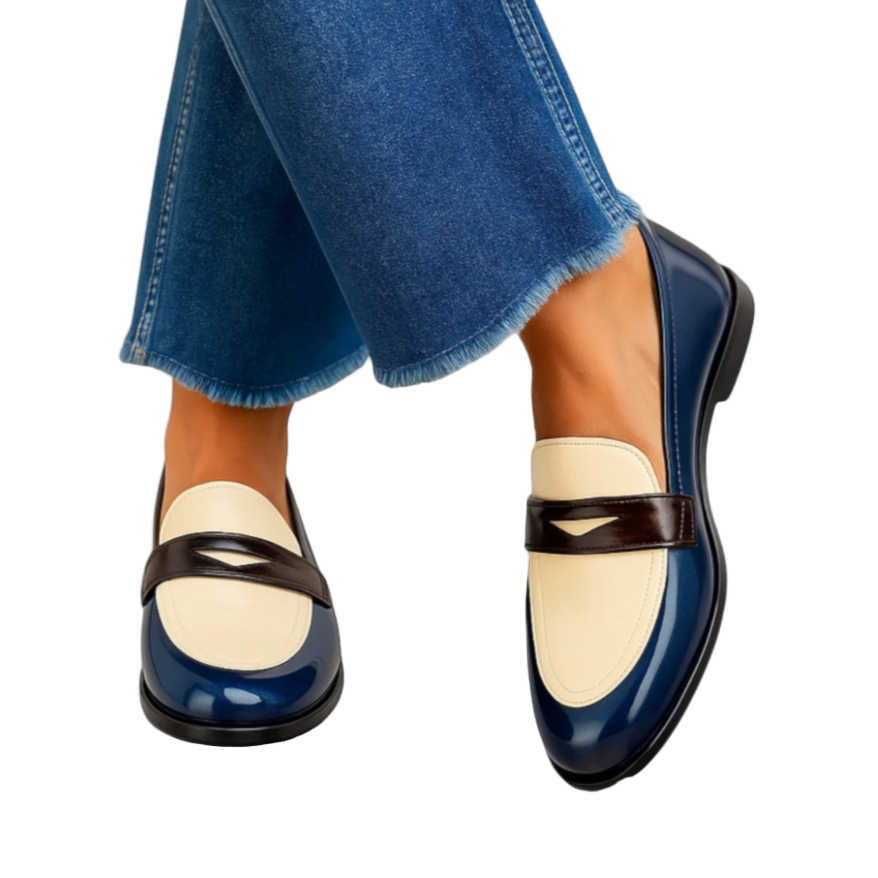 Fall Pointed Toe Slip On Flat Loafers for Women in Navy Cream Two Tone