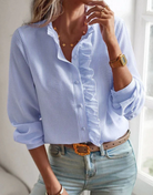 Ruffle trim button front blouse in blue