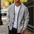 Fall Knit Contrast Trim Button Front Cardigan for Men in Light Gray