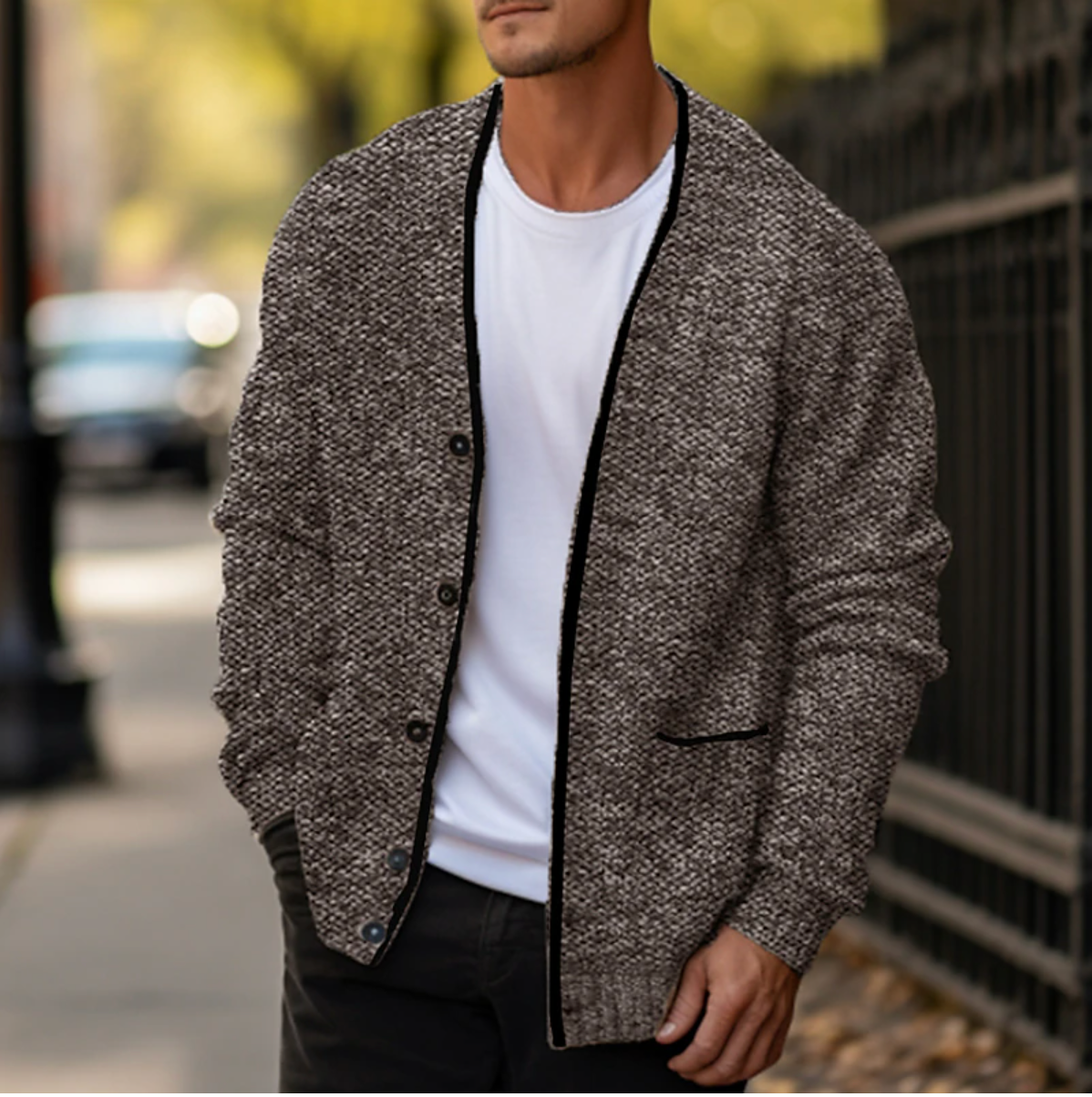 Fall Knit Contrast Trim Button Front Cardigan for Men in Brown