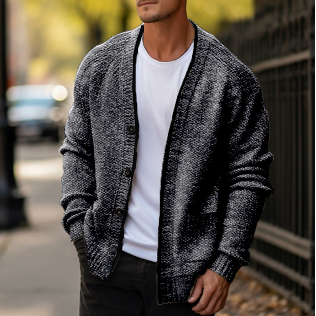 Fall Knit Contrast Trim Button Front Cardigan for Men in Dark Gray