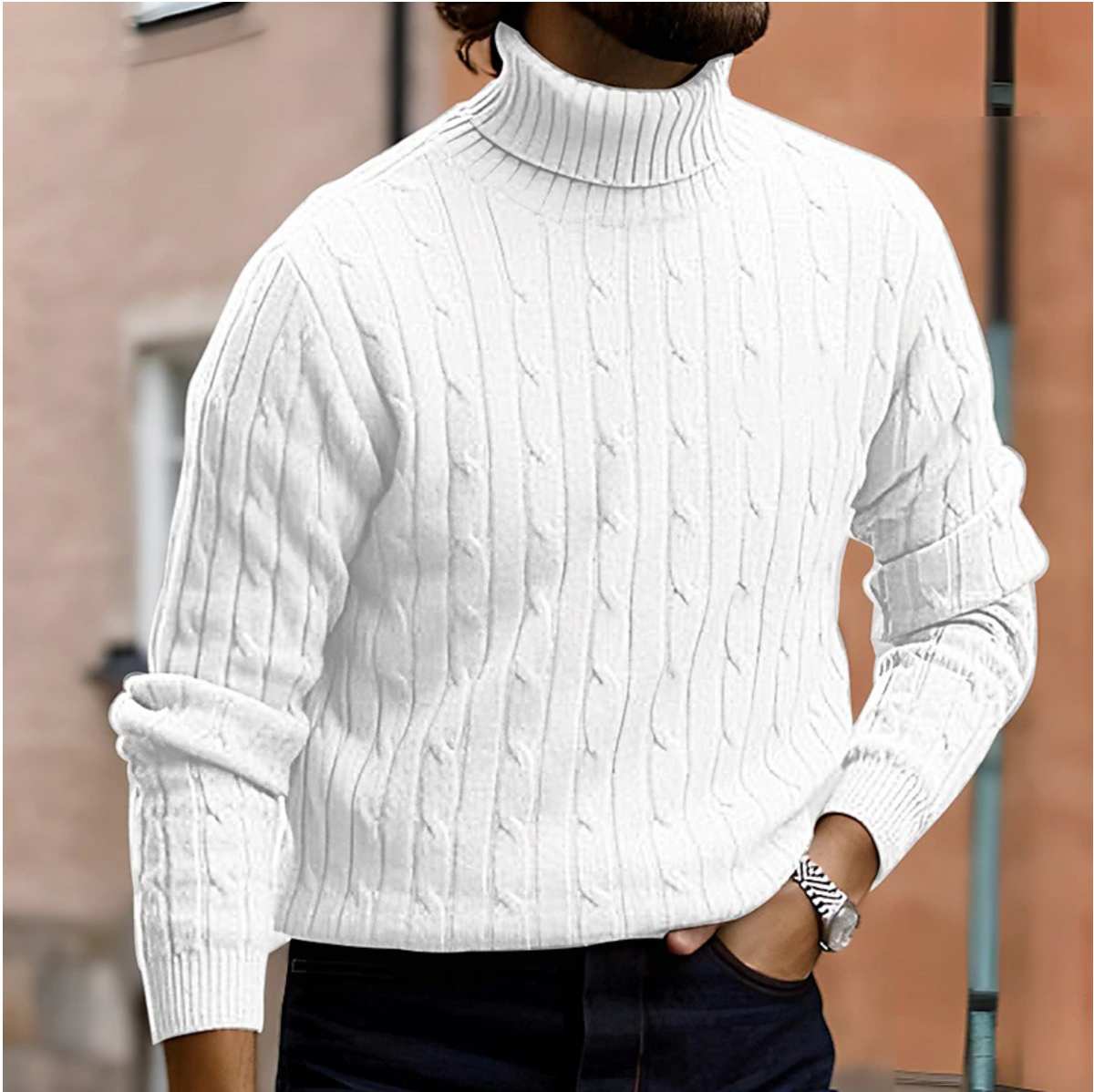 Winter Fine Cable Knit Folded Turtleneck Sweater for Men in White