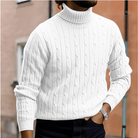 Winter Fine Cable Knit Folded Turtleneck Sweater for Men in White
