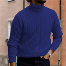 Winter Fine Cable Knit Folded Turtleneck Sweater for Men in Blue